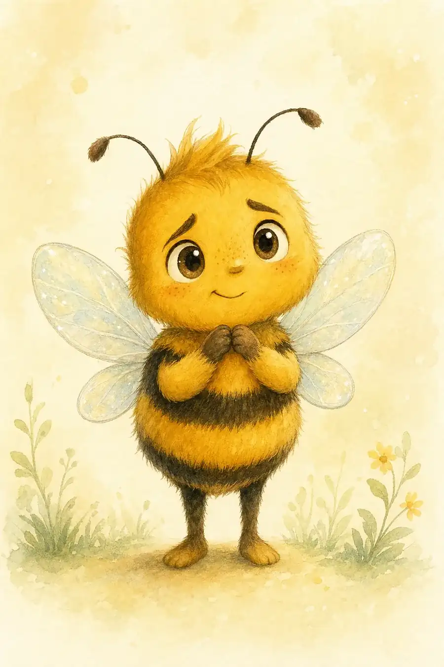 Bumble the Brave Bee with translucent wings and a kind, fluttery smile.