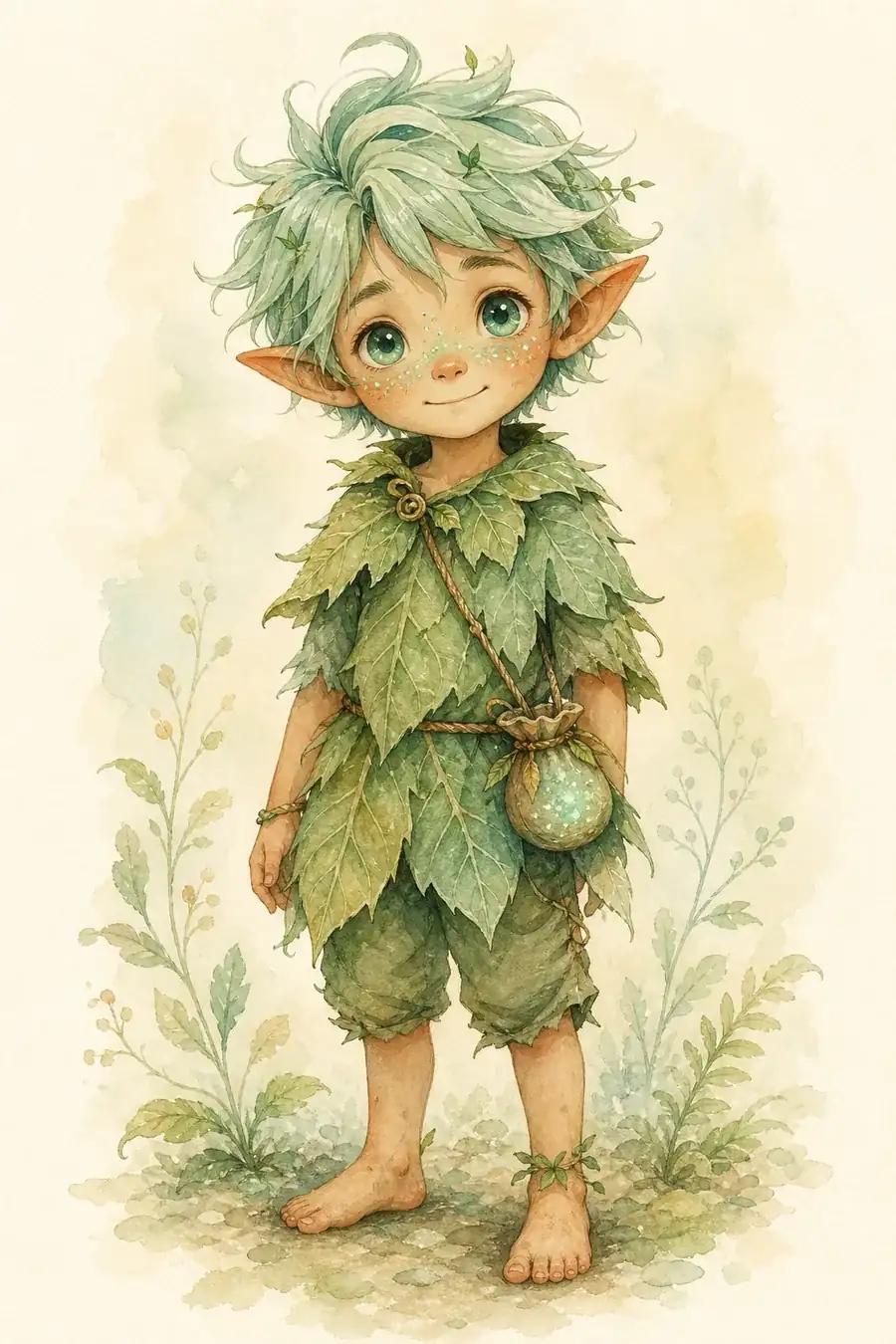 Menthol Elf standing barefoot in his leafy tunic with mint leaf hair and a sparkle pouch.