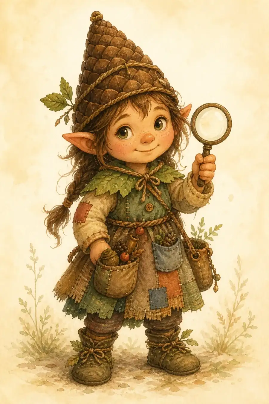 Nora the Noticing Gnome with her pinecone hat and magnifying glass.