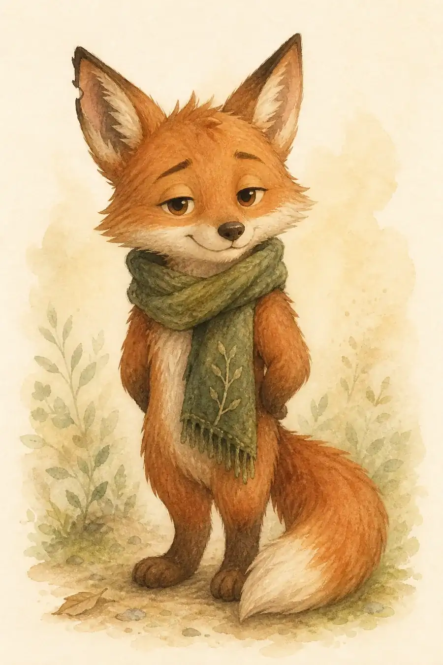 Willow the Wise Fox in a moss-green scarf with a calm half-lidded expression.