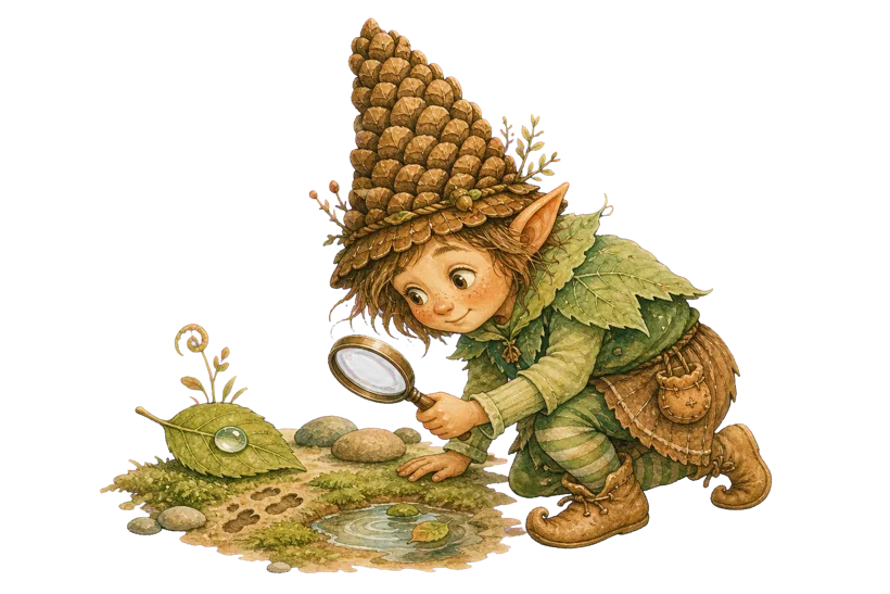 Nora the Noticing Gnome using a magnifying glass to notice small clues in moss and water.