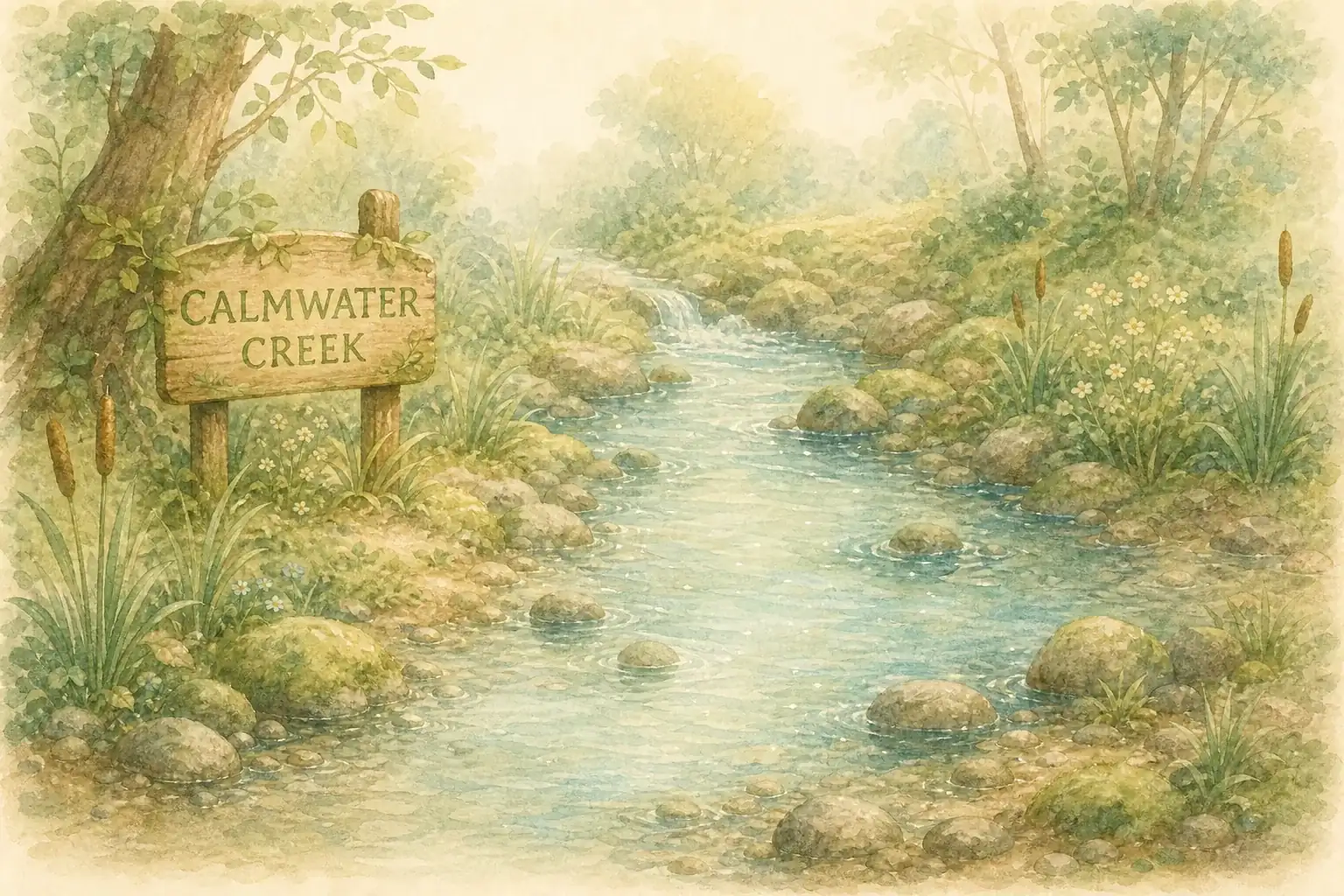 Calmwater Creek, a pale blue creek with mint reflections and smooth stones.