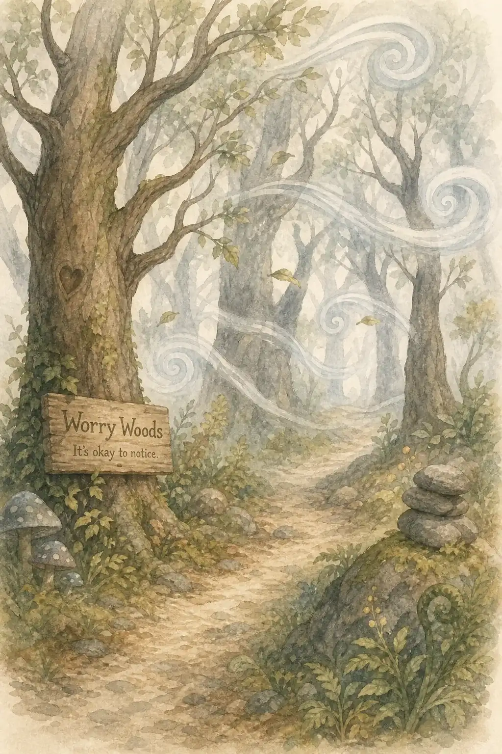 Worry Woods, a misty forest with soft fog and swirling grey-blue air.