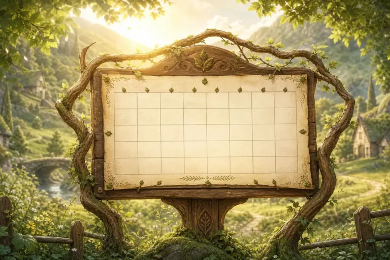 Illustrated Menthol Elf style calendar notice board held by woodland branches with green meadow and warm sunshine