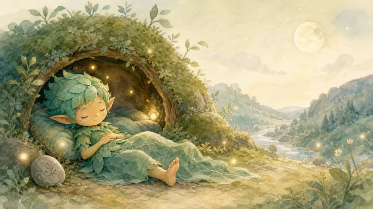 Menthol Elf resting near the Breathing Burrow at bedtime with soft glowing lights.