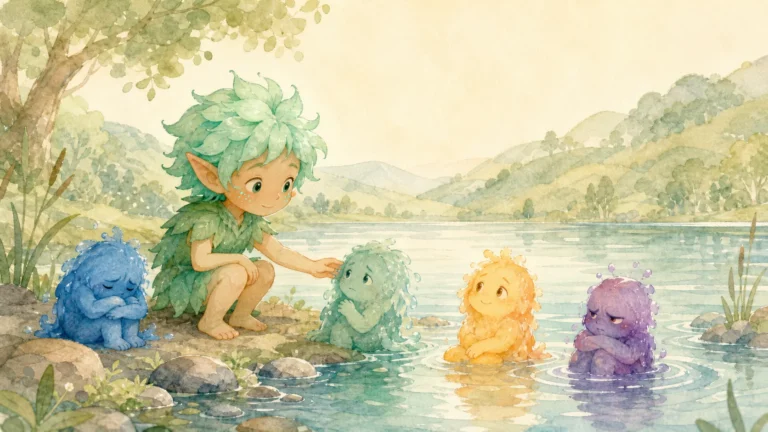 Menthol Elf beside gentle feeling creatures near Mirror Lake as soft colours ripple across the water.