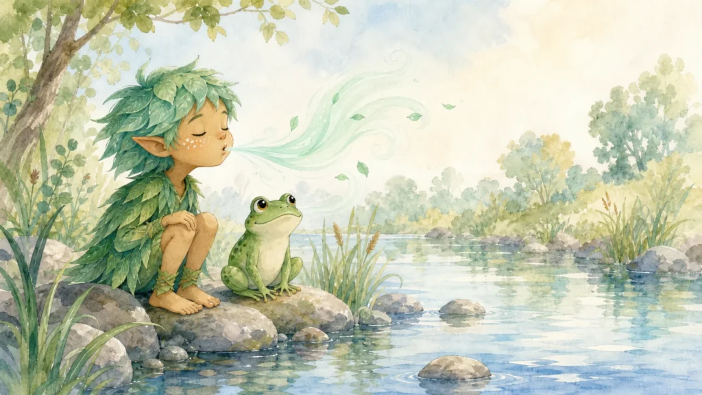 Menthol Elf and Ripple practising a calming breath beside quiet water in the Valley of Calm.