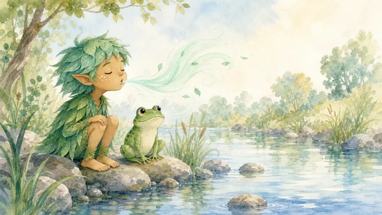 Menthol Elf and Ripple practising a calming breath beside quiet water in the Valley of Calm.