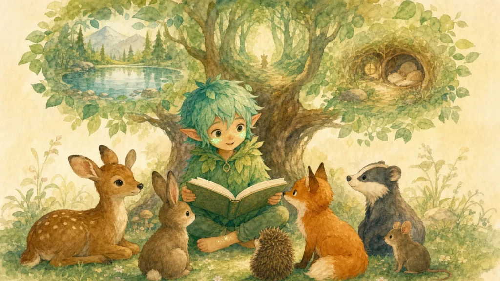 Menthol Elf reading beneath the Thoughtful Tree with gentle Valley of Calm scenes in the leaves.