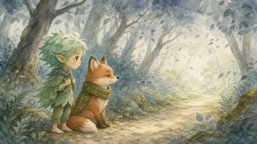 Menthol Elf and Willow beside a soft path through Worry Woods as swirling leaves settle.