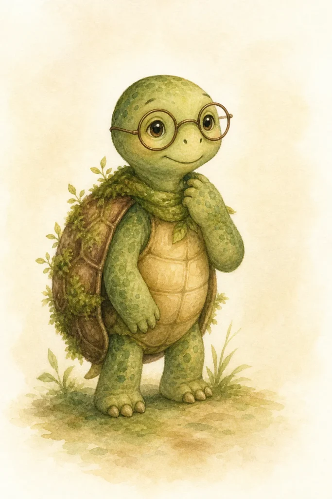 Draft watercolour profile reference for Tuck the Thoughtful Turtle.