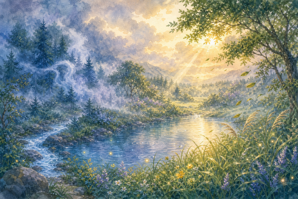 Mist, sunlight, leaves, ripples, and small lights showing feelings in nature