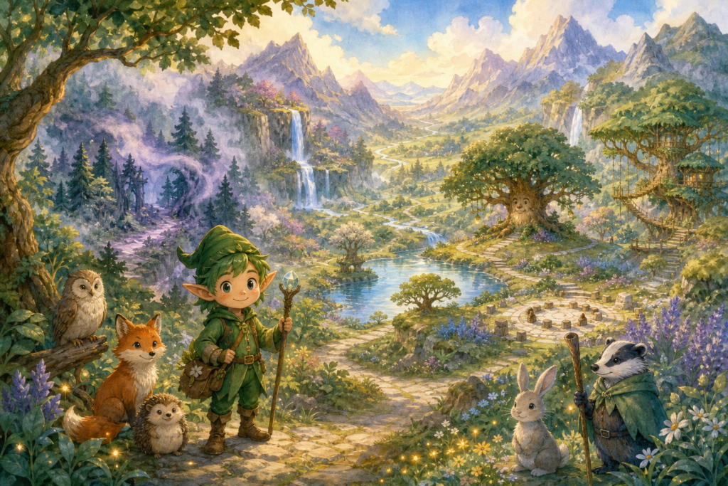 Watercolour view of the Valley of Calm with Menthol Elf and guide companions looking across the places of the valley.
