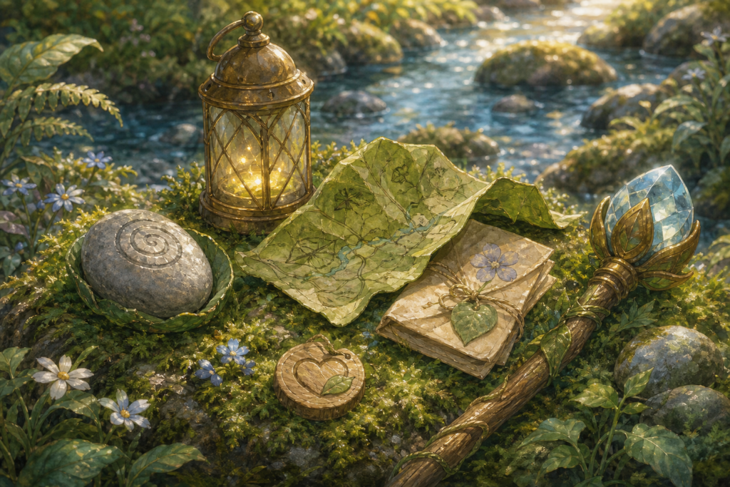 Magical valley objects beside a stream