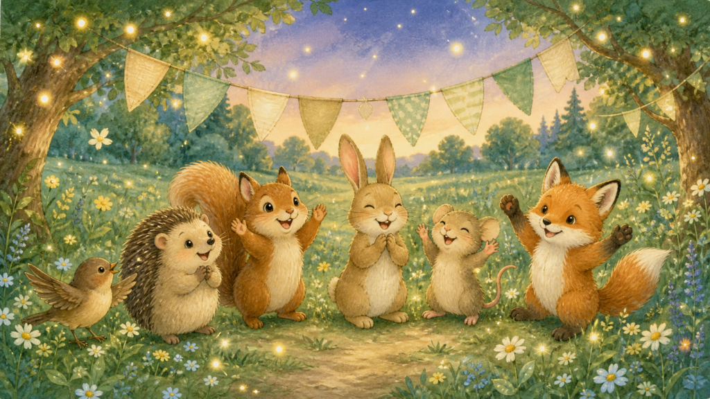 Friendly woodland animals celebrating beneath bunting in Firefly Meadow.