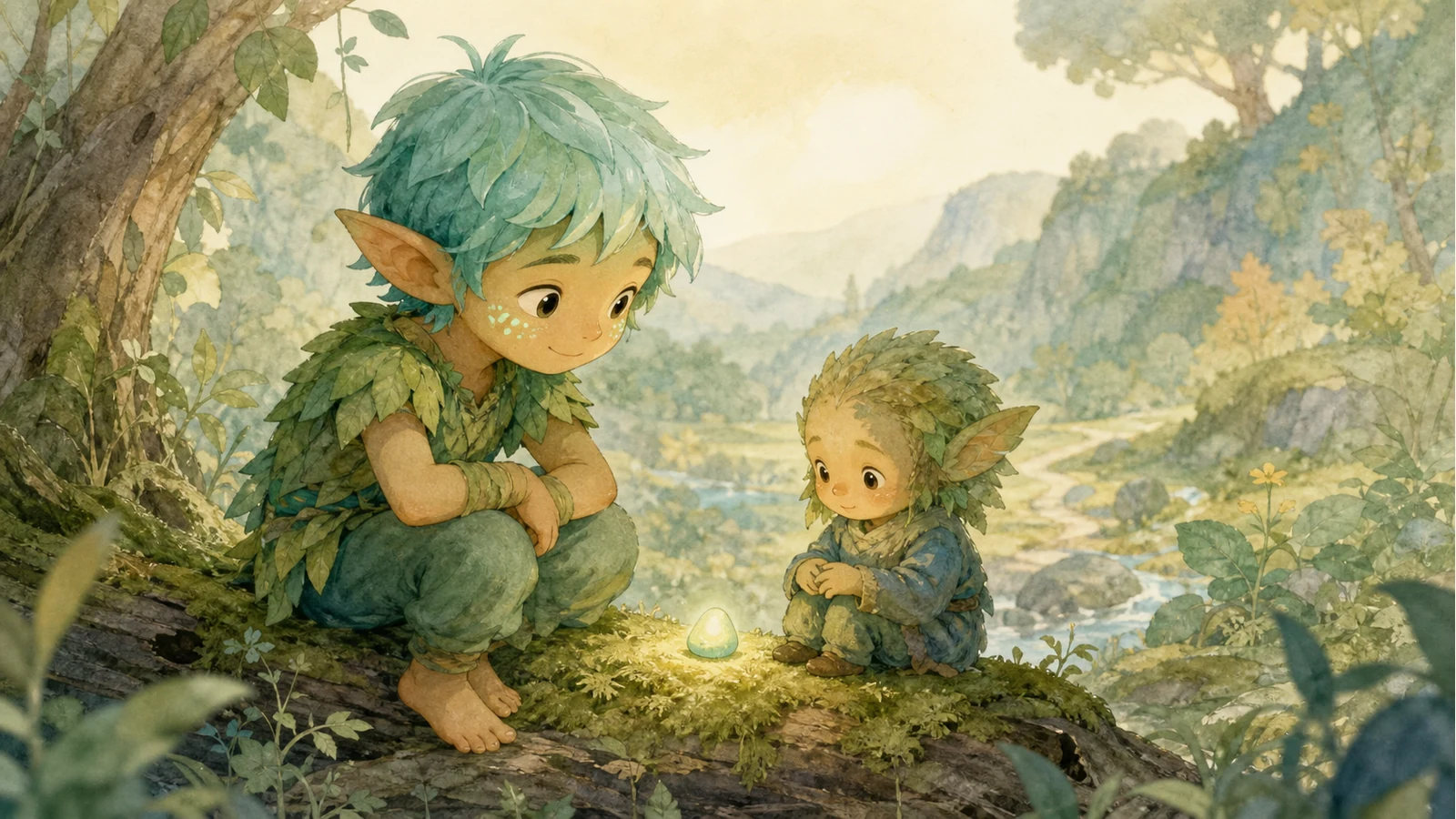 A warm Menthol Elf style illustration of an adult sitting close beside a child, offering calm connection before advice.