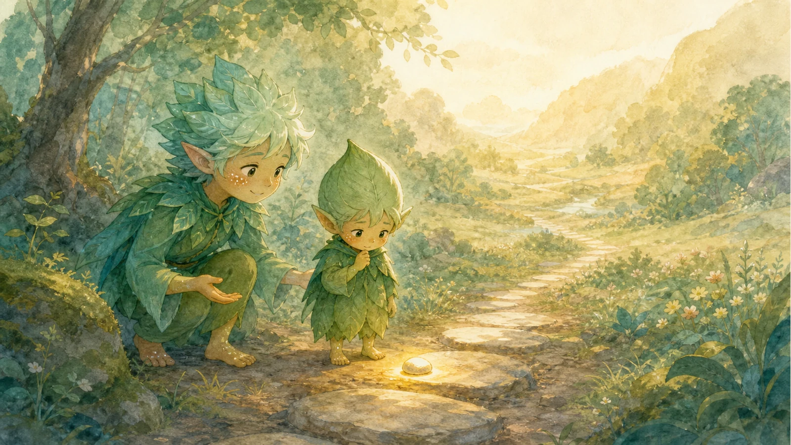 A Menthol Elf style illustration of a child taking one small step with gentle support after saying they are not ready.