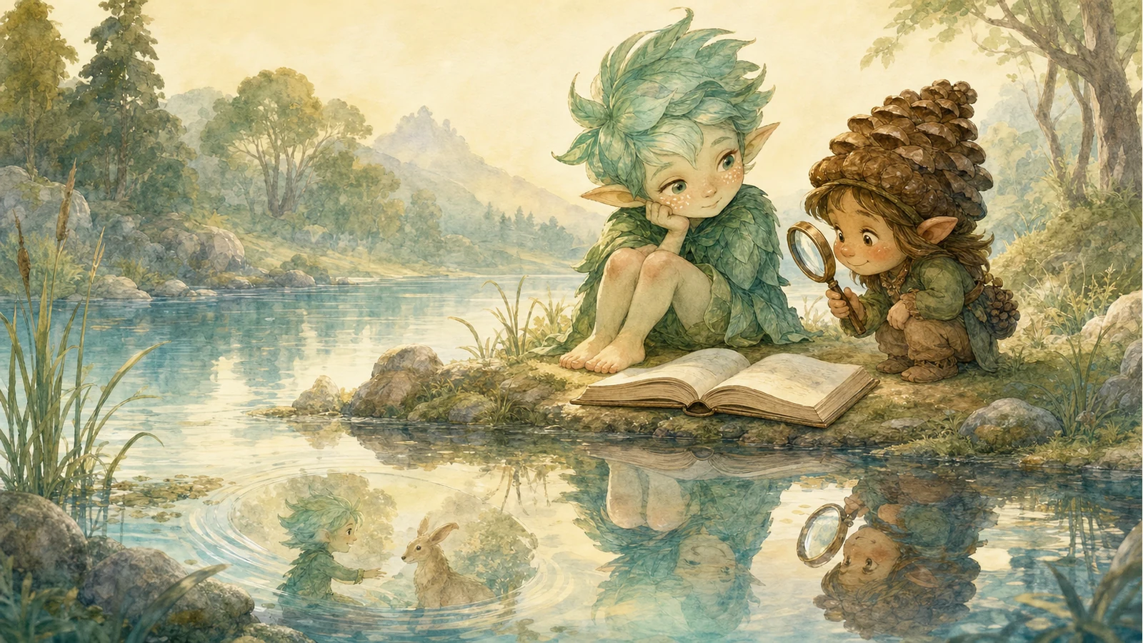 A Menthol Elf style scene of a child and adult gently discussing a story with open reflection cards, not a test.