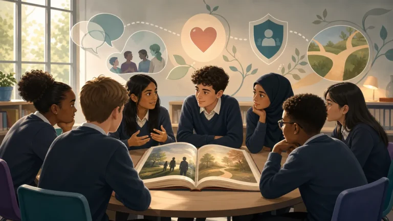 Illustration of pupils gathered around an open storybook in a classroom, with symbols for empathy, safety and choices.